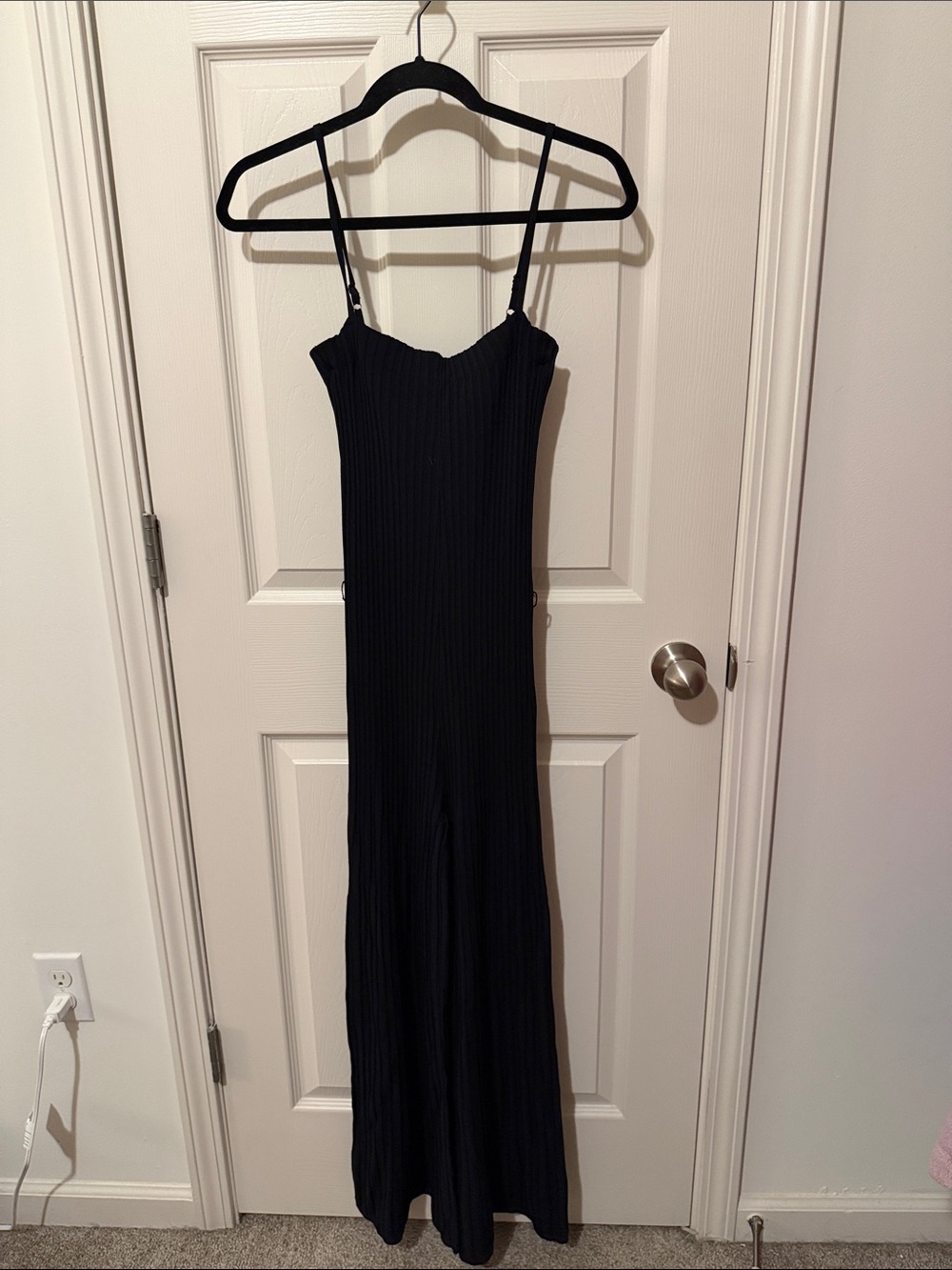 Classic Black Ribbed Slip Dress with Spaghetti Straps (no belt included)